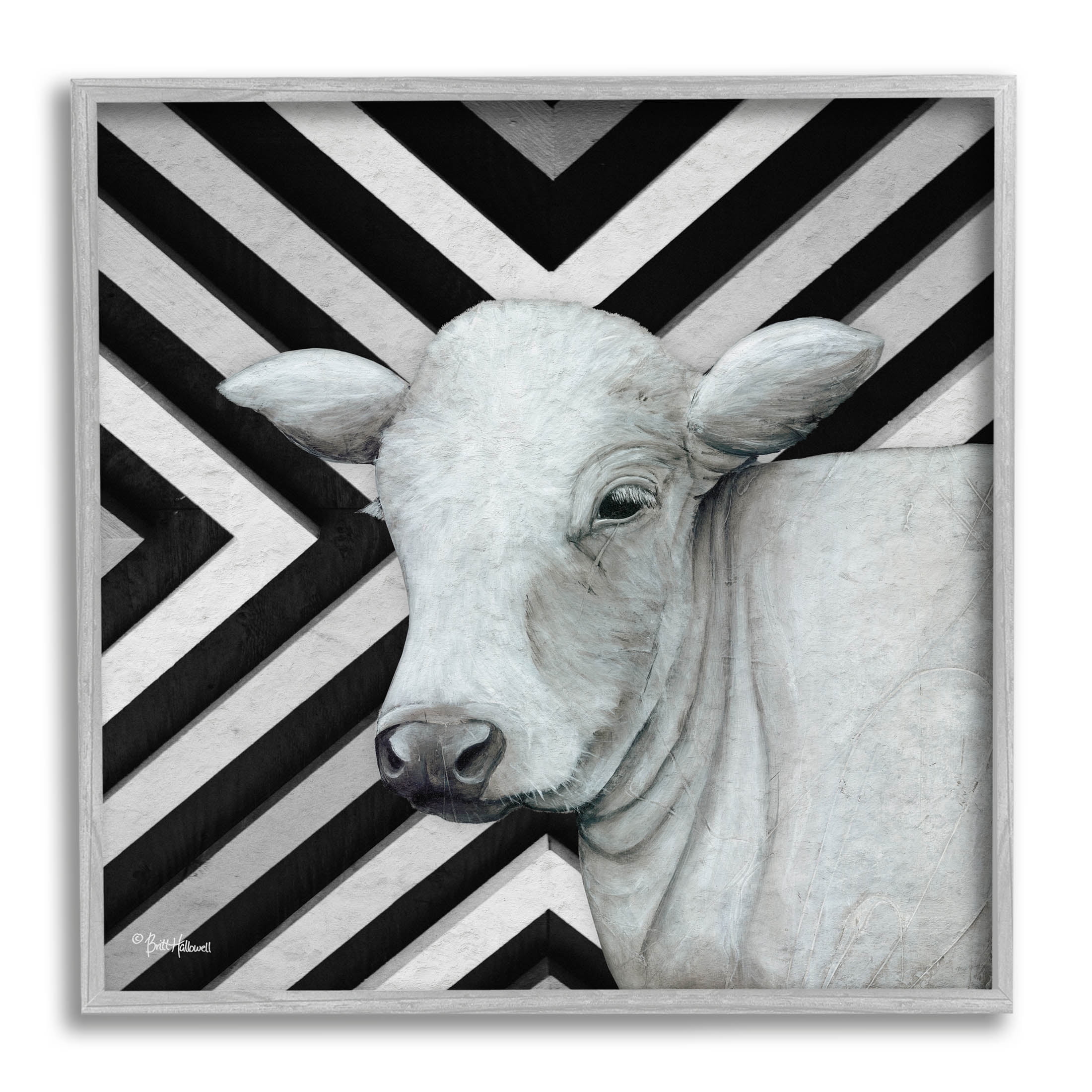 Cow Portrait Stripes Pattern Animals & Insects Graphic Art Gray Framed Art Print Wall Art