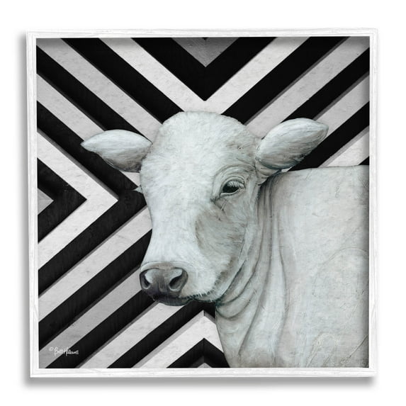 Cow Portrait Stripes Pattern Animals & Insects Graphic Art White Framed Art Print Wall Art