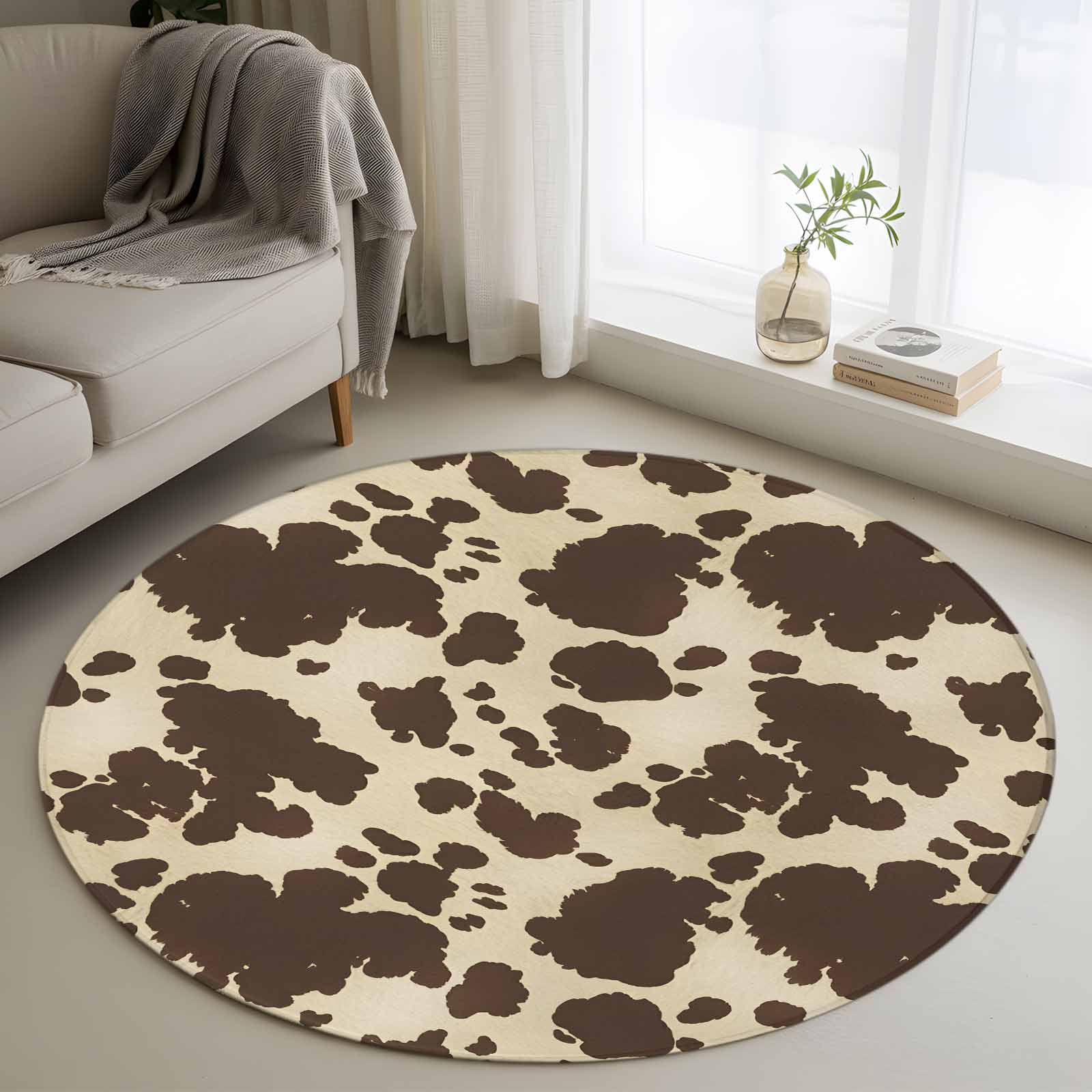 Cow Print 3ft Round Rug, Farmhouse Beige Brown Animal Prints Vintage ...