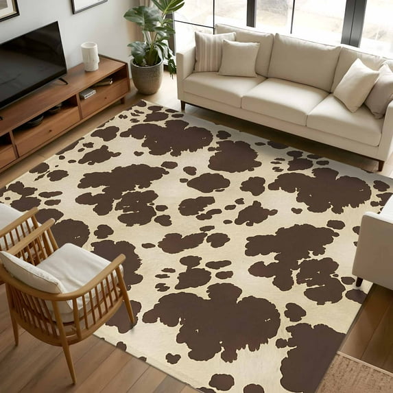 Cow Print 5x8 Area Rugs, Farmhouse Beige Brown Animal Prints Vintage Non-Skid Rubber Backing Large Rectangle Rugs - Living Room Bedroom Home Office, Indoor Floor Mat Carpets Washable Rug