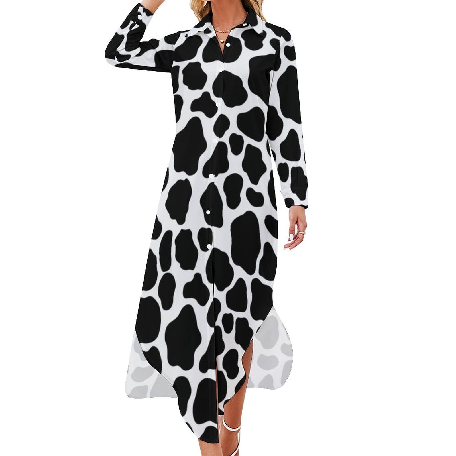 Cow Print And Roses Placed Casual Dress Cow Spots Flower Korean Fashion ...