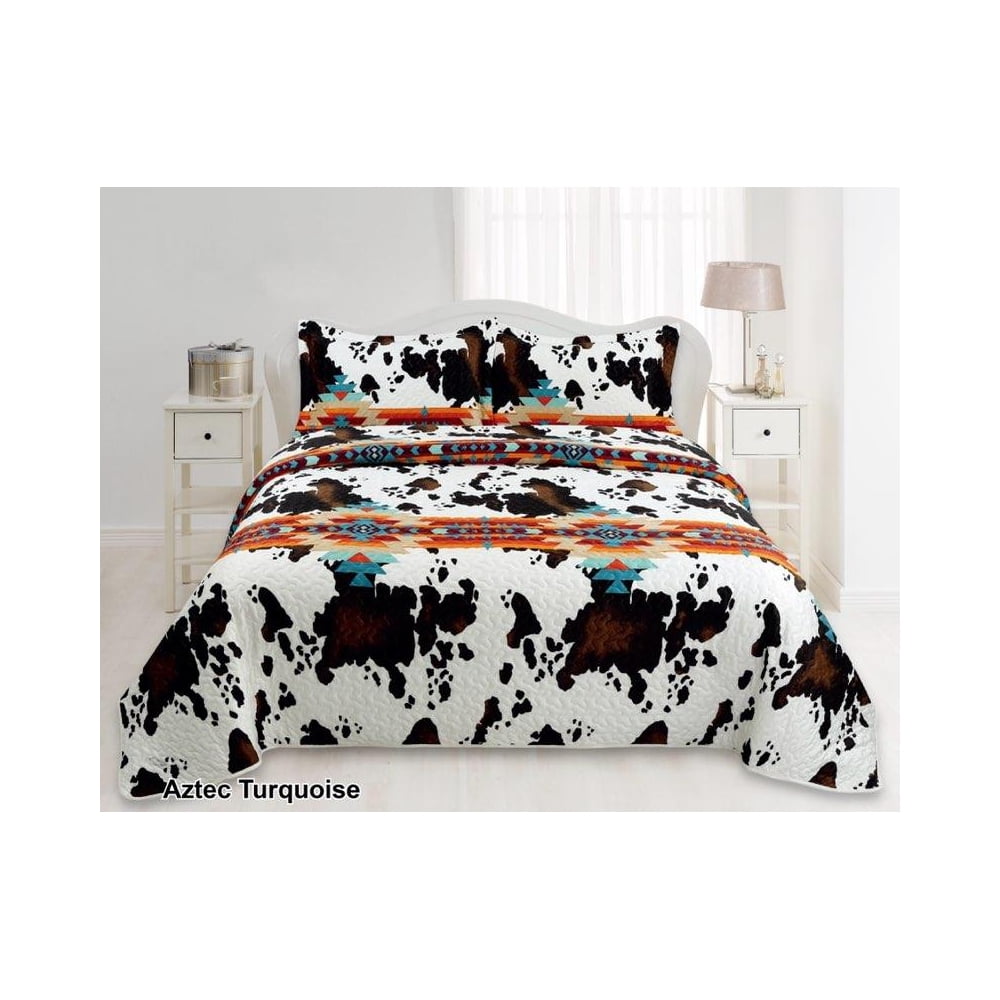 Cow Print Aztec Western Bedding Set Queen King Quilt Bedspreads 3pc