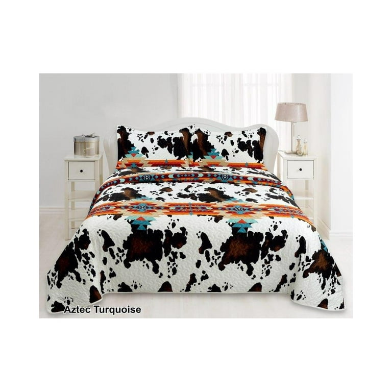 Cow Print Aztec Western Bedding Set Thick Heavy Queen King Quilt Bedspreads 3 pc set Turquoise