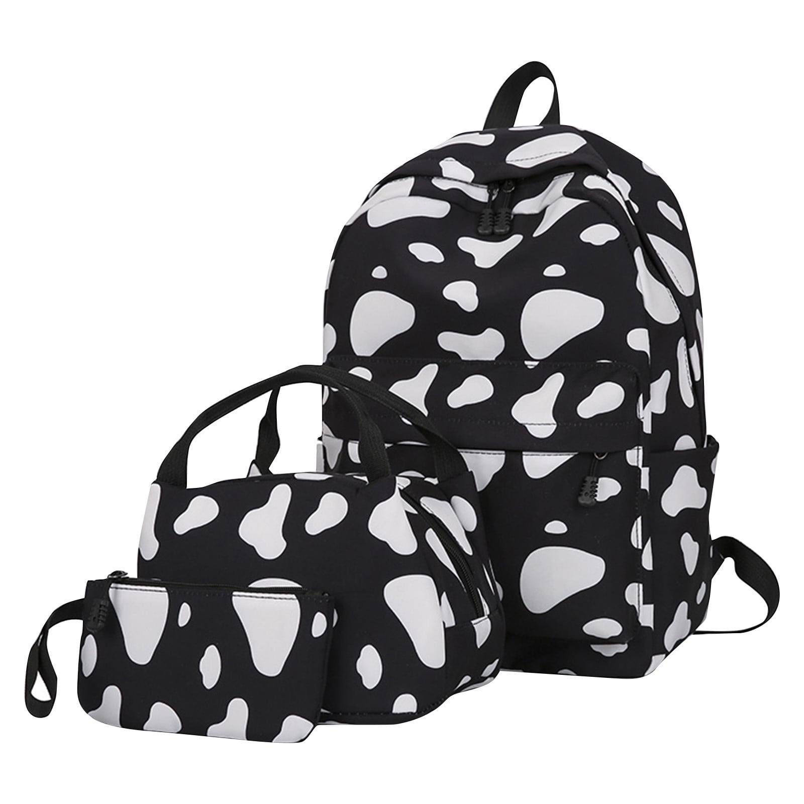 Cow Print Backpack Set 3PCS Casual Travel Daypack with Lunch Bag & Pouch Lightweight Multi-Pocket School-Style Backpack