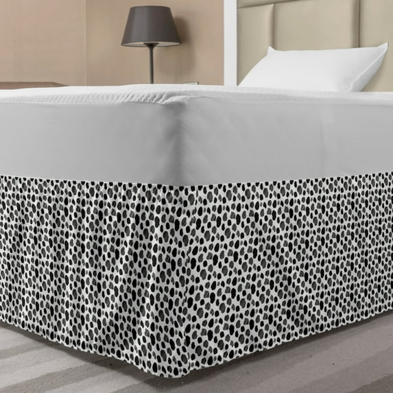 Cow Print Bed Skirt, Black and White Striped Dots with Abstract Style Farm Animal Hide Agriculture, Elastic Bedskirt Dust Ruffle Wrap Around for Bedding Decor, 4 Sizes, Black White, by Ambesonne