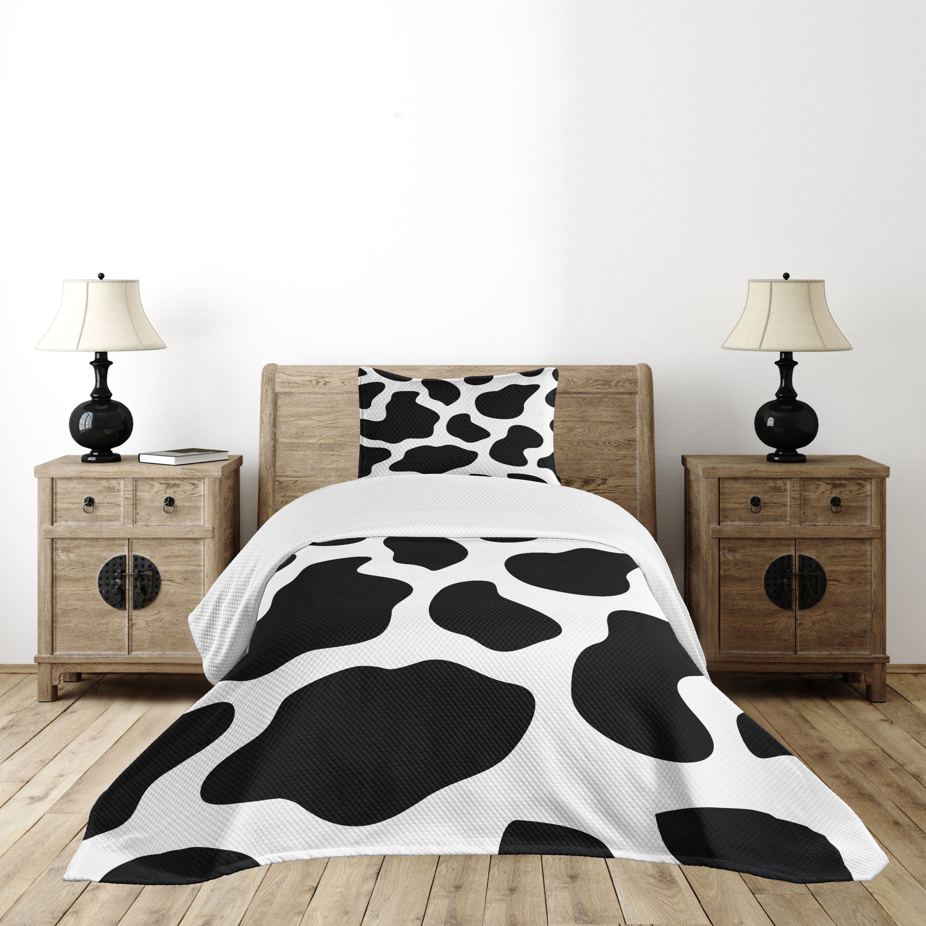 Cow Print Bedspread Set Twin Size, Hide of a Cow with Black Spots