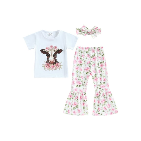 Cow Print Bell Bottoms Outfits Toddler Girl Short Sleeve Rib Knit Button Tops Flare Pants Clothes Western