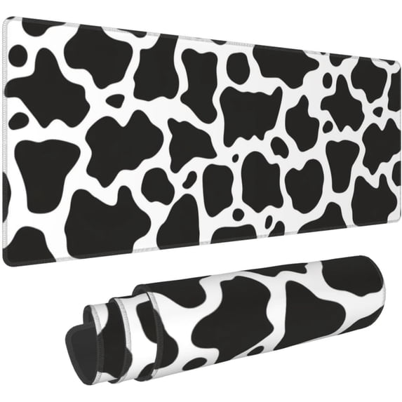 Cow Print Black and White Large Mouse Pad XL Extended 31.5 x 11.8 in NonSlip Desk Mat with Stitched Edge, Essential Keyboard Pads for Home Gaming Office Work, Add a Unique Farmhouse Style
