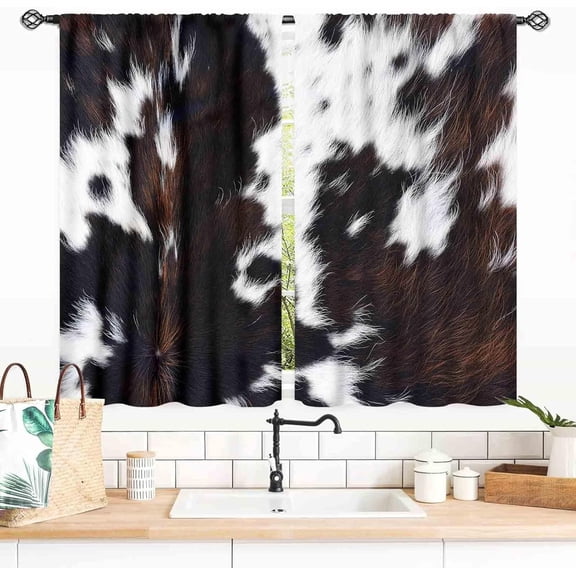 Cow Print Blackout Curtains, Rustic Farm Brown Cowhide Cow Printed Pattern Western Curtains for Bedroom Living Room Kitchen Highland Cow Skin Fur Window Treatments Drapes 2 Panel, 55x39 Inch