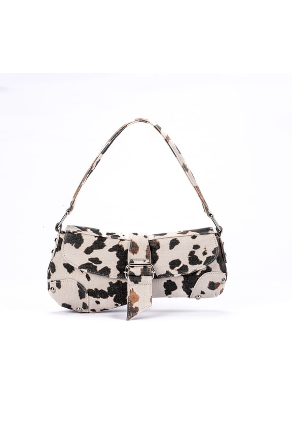 Cow Print Canvas Underarm Bag for Women, Small Shoulder Purse , Casual Daily Mini Baguette Handbag for Shopping Travel