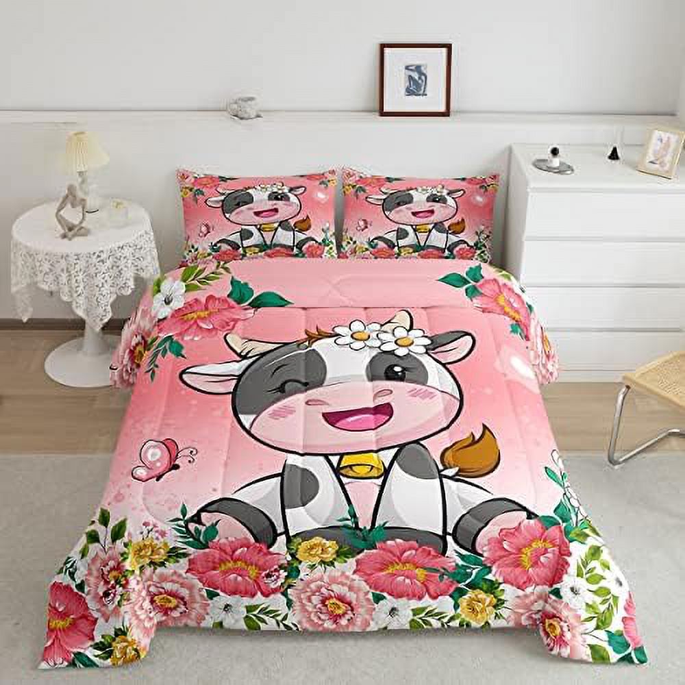 Cow Print Comforter Set Milk Cow Floral Pink Bedding Set for Boys Girls