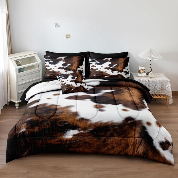 Cow Print Comforter Set Queen Size 8 Pcs Bed in a Bag Rustic Brown Milk Cow Bedding for All Seasons