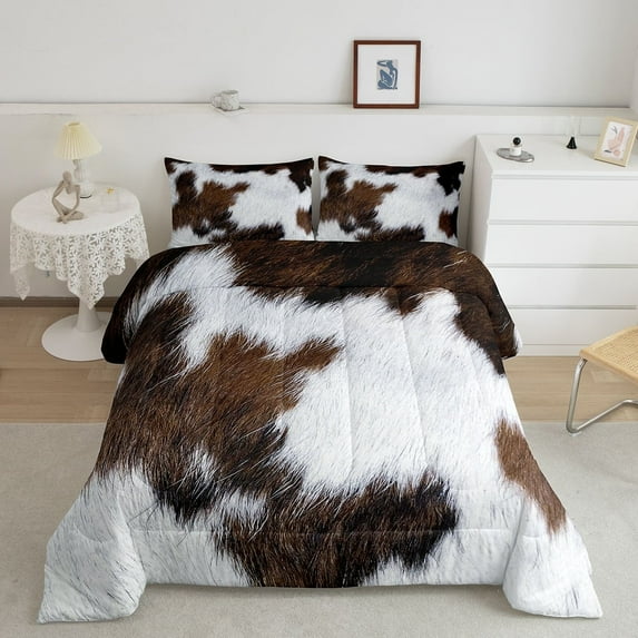 Cow Print Comforter Set Queen Size, Highland Cattle Cowhide Printed Ultra Soft Duvet Set, Western Farm Cowboy Pattern All Season Down Alternative with 2 Pillowcases, Brown White