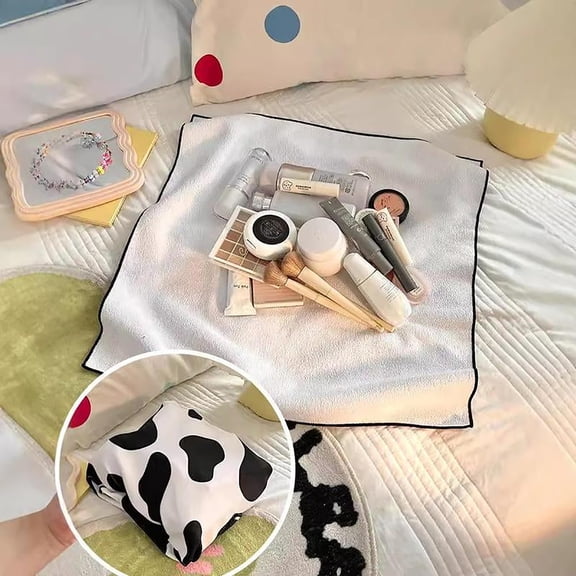Cow Print Cosmetic Bag Travel Makeup Pouch Soft Cloth Protective Wrap Foldable Washable Organizer for Women Girls