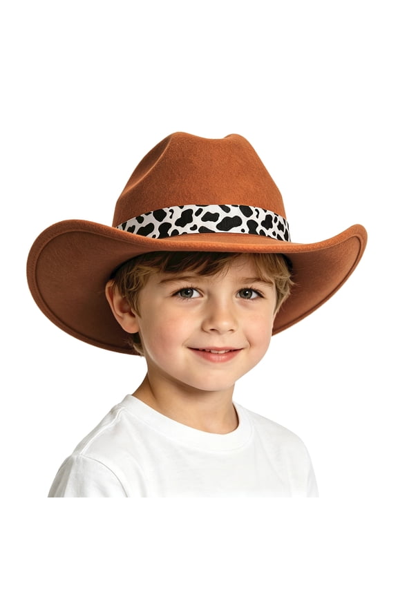 Cow Print Cowboy Hat for Boys Girls Wide Curved Brim Windproof Cowgirl Hat Vintage Costume Party Sun Hats Brown