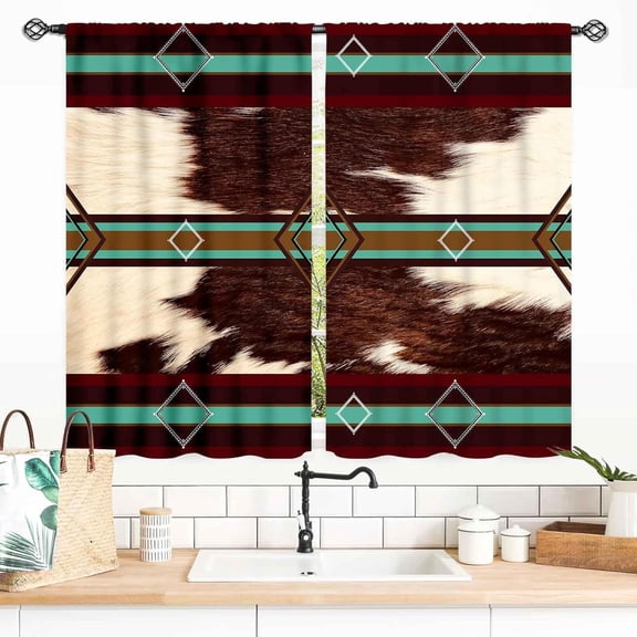 Cow Print Curtains, Rustic Brown Cowhide Patterned Farmhouse Western Curtains for Bedroom, Living Room, Kitchen - Aztec Cow Skin Fur Window Treatments Drapes, 2 Panel, 55x39 Inch