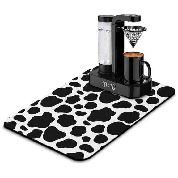 Cow Print Dish Drying Mat Farmhouse Style Absorbent Coffee Mat with Diatom Mud Material Leak-Proof & Non-Slip Rustic Country Animal Design Under Coffee Maker Mat for Kitchen Counter Vintage Black and