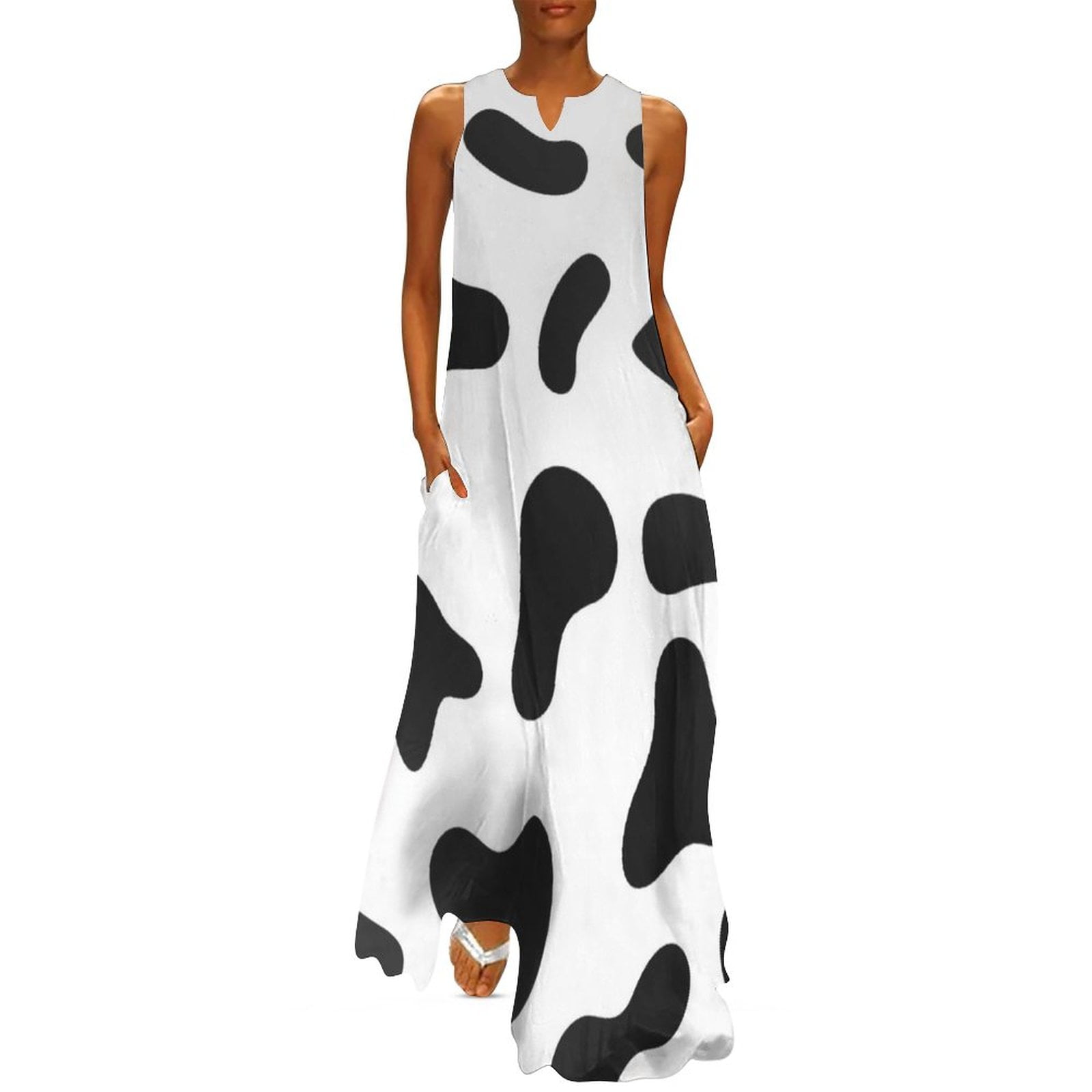 Cow Print Dress Animal Hide Elegant Maxi Dress V Neck Printed Casual ...