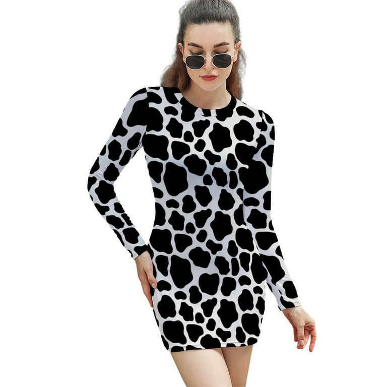 Cow Print Dresses for Women Long Sleeve Round Neck Dress Casual Simple Wrap Mini T Shirt Dress L Walmart