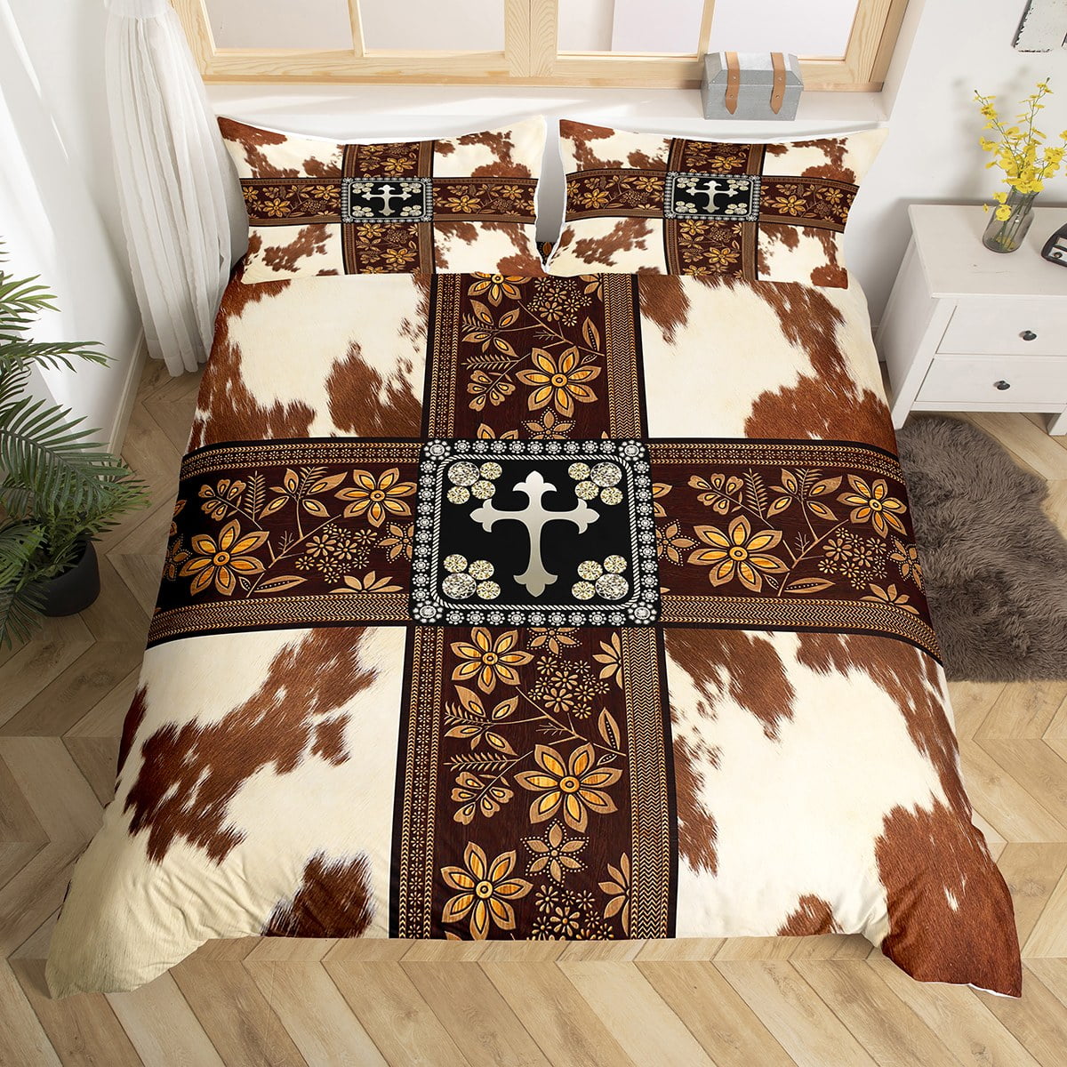 Cow Print Duvet Cover Brown White Cowhide Comforter Cover Full Size Old
