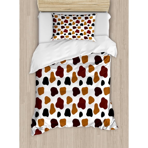 Cow Print Duvet Cover Set, Cow Skin Animal Abstract Spots Milk Dalmatian Barnyard Camouflage Dots, Decorative 2 Piece Bedding Set with 1 Pillow Shams, Twin Size, White Brown Black, by Ambesonne