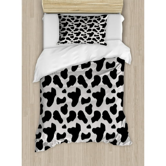 Cow Print Duvet Cover Set Twin Size, Cow Hide Pattern with Spots Farm Life with Cattle Camouflage Animal Skin, Decorative 2 Piece Bedding Set with 1 Pillow Sham, Charcoal Grey White, by Ambesonne
