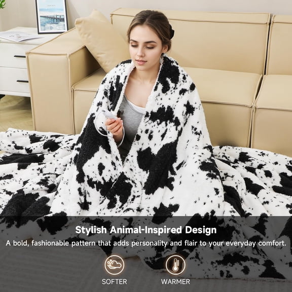 Cow Print Electric Blanket - Twin Size Cozy Soft Knitted Sherpa Heated Blanket with 4 Heat Levels & 4 Hours Auto-Off, Overheating Protection, Warm Gifts, 62"x84"