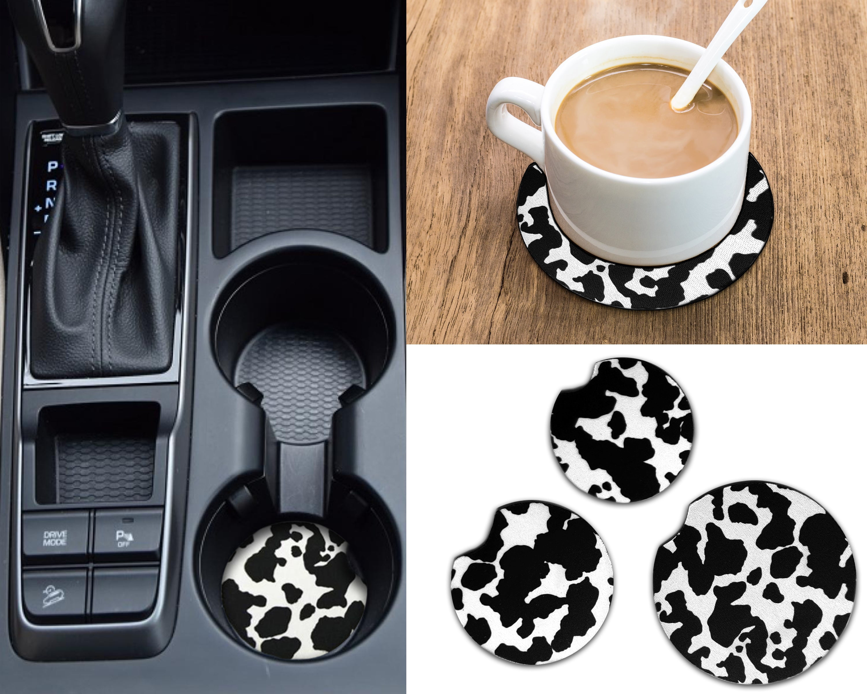 Cow Print Extra Large 3.5 Inch Car Coasters 4 Pack, Absorbent