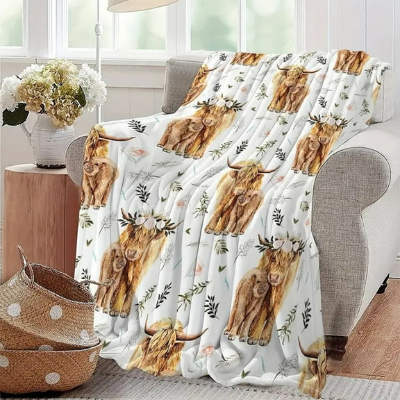 Cow Print Farm Animal Fleece Blanket - Soft Cozy Throw with Floral Accents, Lightweight Blanket for Sofa, Bed, Picnic & Home Decor