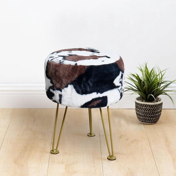 Cow Print Faux Fur Ottoman 13"x13"x17" Soft Fuzzy Entryway Bench Seat Round Sturdy Accent Ottoman Dorm Living Room Couch Vanity Shoe Stool Bedroom Closet Foot Rest with Golden Legs