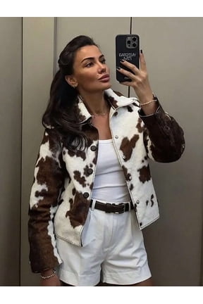 Cow Print Faux Shearling Jacket (M, Brown)