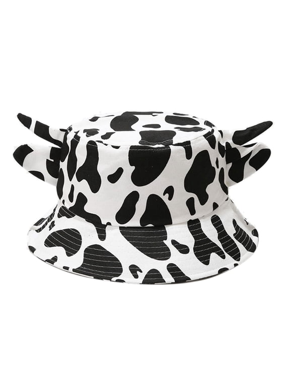 Cow Print Fisherman Hat with Horns & Ears Cute Bucket Hat Wide Brim Cap for Party, Travel, Vacations Unisex