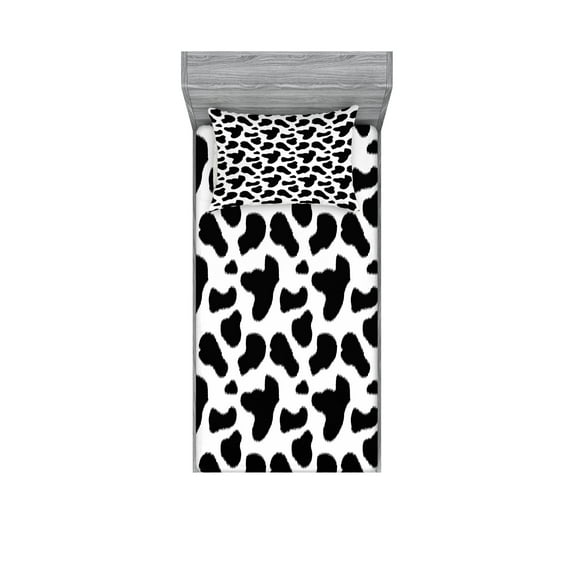 Cow Print Fitted Sheet & Pillow Sham Set, Animal Hide Pattern Spots Farm Life Cattle Camouflage Animal Skin, Decorative Printed 4 Piece Bedding Decor Set, Twin, Charcoal Grey White, by Ambesonne