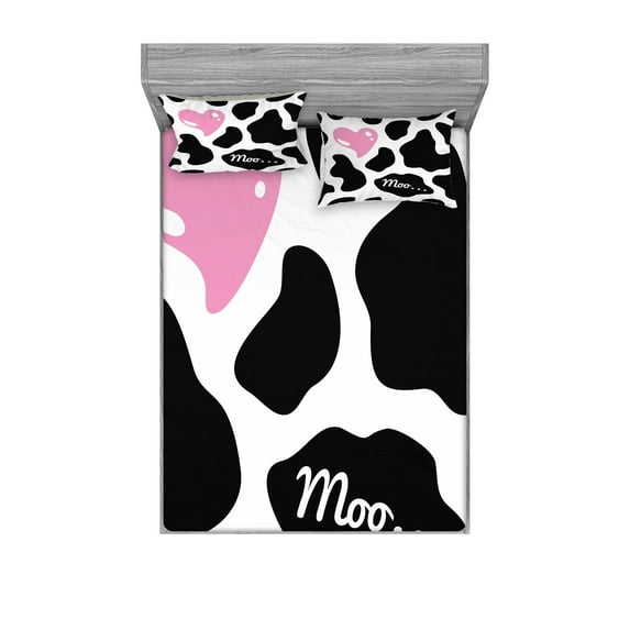 Cow Print Fitted Sheet & Pillow Sham Set, Camouflage Hide Skin Pattern in Pastel Color Shades Heart Shape Moo, Decorative Printed 6 Piece Bedding Decor Set, Queen, Pink Black White, by Ambesonne
