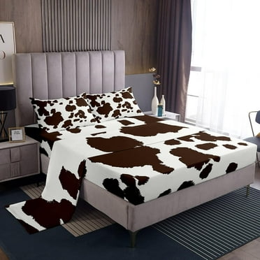 Cow Print Flat Sheet Adult Women Brown Wild Animal Highland Cow Print Bedding Set Africa Animal Fitted Sheet Milk Cow Farm Sheet Sets Exotic Tribal Style Sheets Deep Pocket, Queen Size