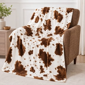 Cow Print Fleece Throw Blanket, Soft and Cozy Plush Brown and White Animal Hide for Couch and Sofa, All Seasons