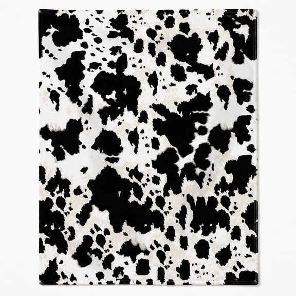 Cow Print Fleece Throw Blanket, Soft Cozy Western Farmhouse Rustic Blanket for Couch Sofa Living Room, Black & White Highland Hide Design