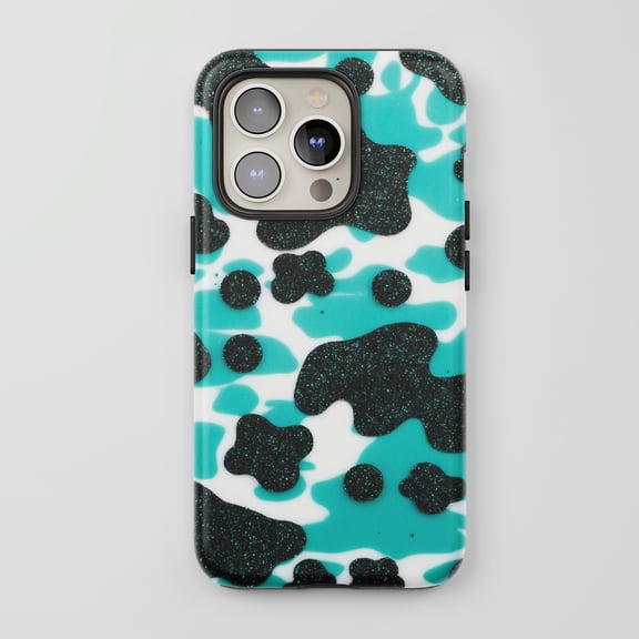 Cow Print For All iPhone Series Protective Phone Case Modern Teal Black Glitter
