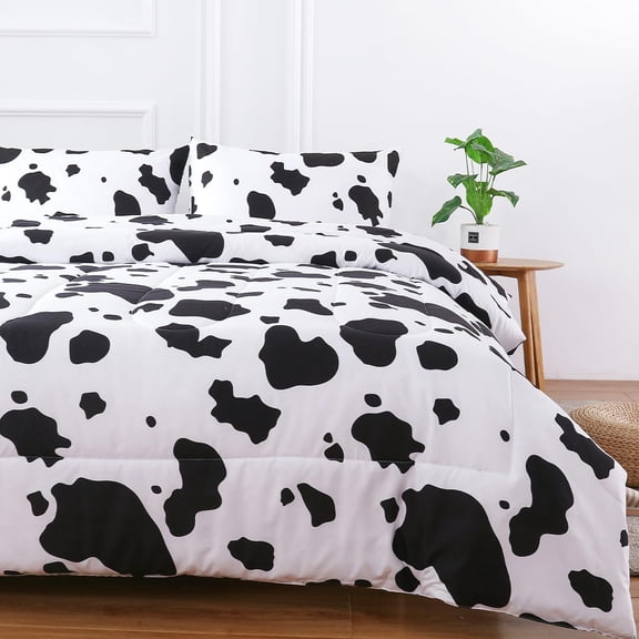 Cow Print Full Comforter Set Boys 3 Piece Cartoon Milk Bedding Set Cowhide Bed Set Reversible Plaid Teen Girls Bed Sets with Pillowcases (Full, Black and White)