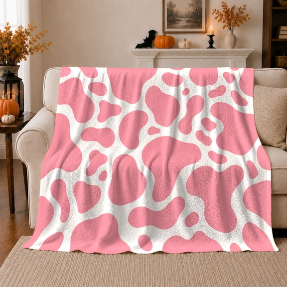 Cow Print Halloween Living Room, Festive Halloween Scene, Warm Flannel Blanket for Ranch House and Living Room with Detailed Artwork, Art Lovers Halloween Gift, Festive Home Decor