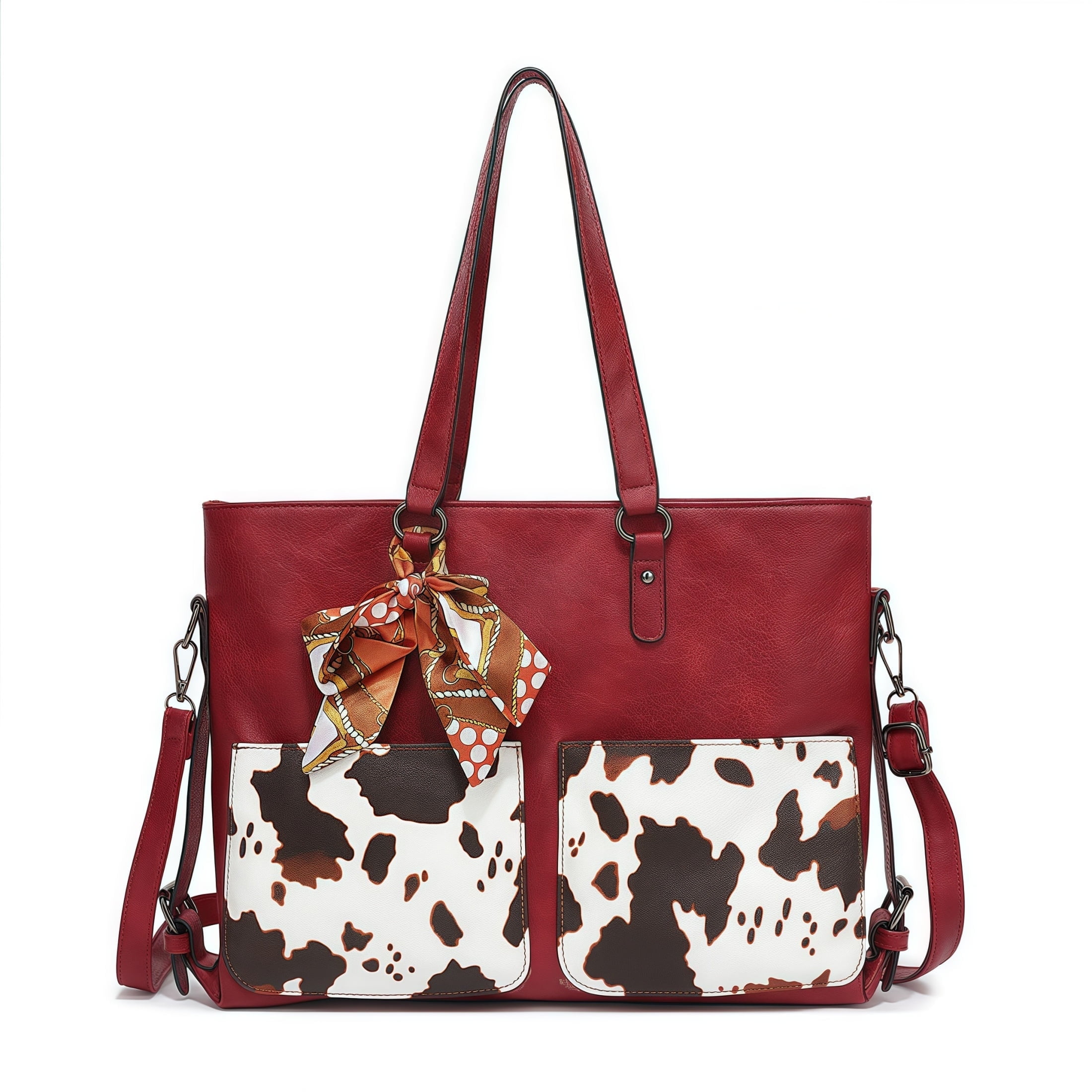Cow Print Handbag Set for Women 2-Piece, Fashion Shoulder & Crossbody Purse, Spacious PU Leather Tote with Adjustable Strap for Work, Travel, Daily Use (Black/Red/Brown)
