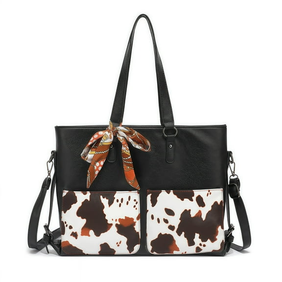 Cow Print Handbag Set for Women 2-Piece, Fashion Shoulder & Crossbody Purse, Spacious PU Leather Tote with Adjustable Strap for Work, Travel, Daily Use (Black/Red/Brown)