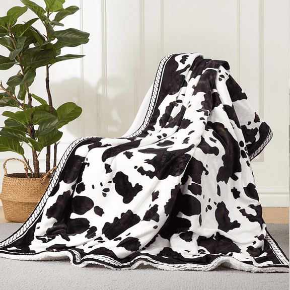 Cow Print Heated Blanket,Electric Blanket Fast Heating with LCD Controller, 6 Heat Settings & 4H Auto Shut-Off, Soft Sherpa Flannel, ETL Certified, Machine Washable, Black White