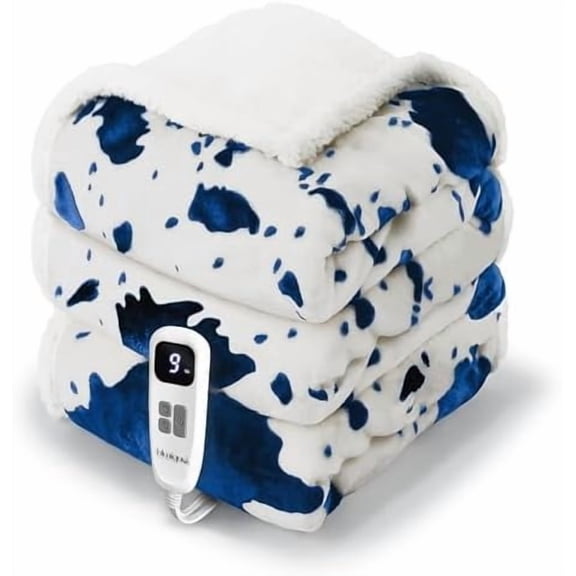 Cow Print Heated Blanket Twin-Heating Electric Blanket Twin with 10 Heat Levels & 10 Hours Auto-Off, Cozy Soft Fleece Sherpa, Washable, 62 x 84 Inche Cow Print Blue