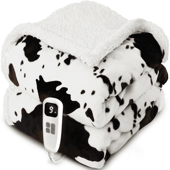 Cow Print Heated Throw Blanket Electric Blanket-Heating Blanket Throw with 10 Heat Levels & 10 Hours Auto Off, Cozy Soft Fleece Sherpa, Washable, 50 x 60 Inches Cow Print White