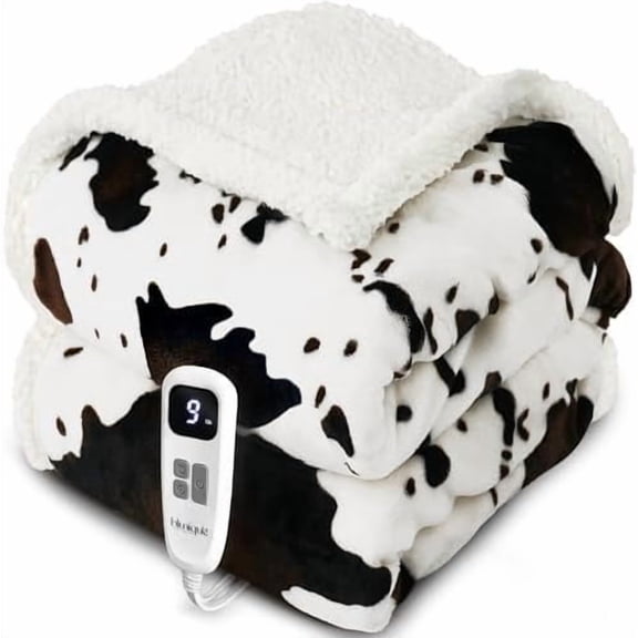 Cow Print Heated Throw Blanket Electric Blanket-Heating Blanket Throw with 10 Heat Levels & 10 Hours Auto Off, Cozy Soft Fleece Sherpa, Washable, 50 x 60 Inches Cow Print White