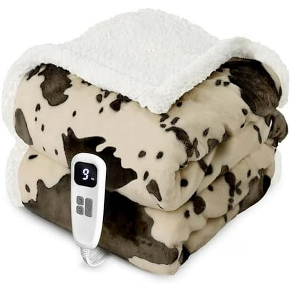 Cow Print Heated Throw Blanket Electric Blanket-Heating Blanket Throw with 10 Heat Levels & 10 Hours Auto-Off, Cozy Soft Fleece Sherpa, Washable, 50 x 60 Inches Cow Print Light Brown