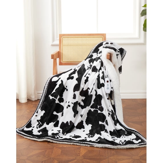 GARVEE Heated Electric Blanket Twin Size,62"x84" Cow Print Fast Heating Blankets with LCD Controller,10 Heat Settings&1-12H Time Settings Auto Off,Black White