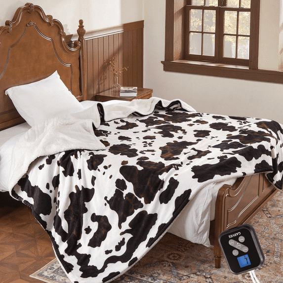 GARVEE Heated Electric Blanket Full Size,72"x84" Cow Print Fast Heating Blankets with LCD Controller,10 Heat Settings&1-12H Time Settings Auto Off,Black Brown