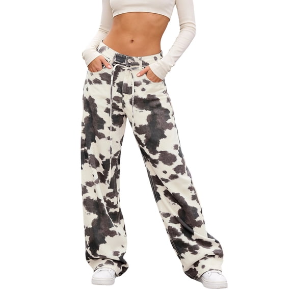 Cow Print Jeans for Women Distressed Washed Relaxed Fit Straight Leg Casual Denim Trousers Beige L